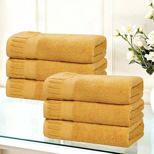 Superior Venice Zero Twist Cotton Medium Weight Towels, for Kitchen, Bathroom, Shower, Spa, Plush Towels, Bath Essentials, Ribbed Textured Border, Absorbent Hand Towels, Set of 6, Gold
