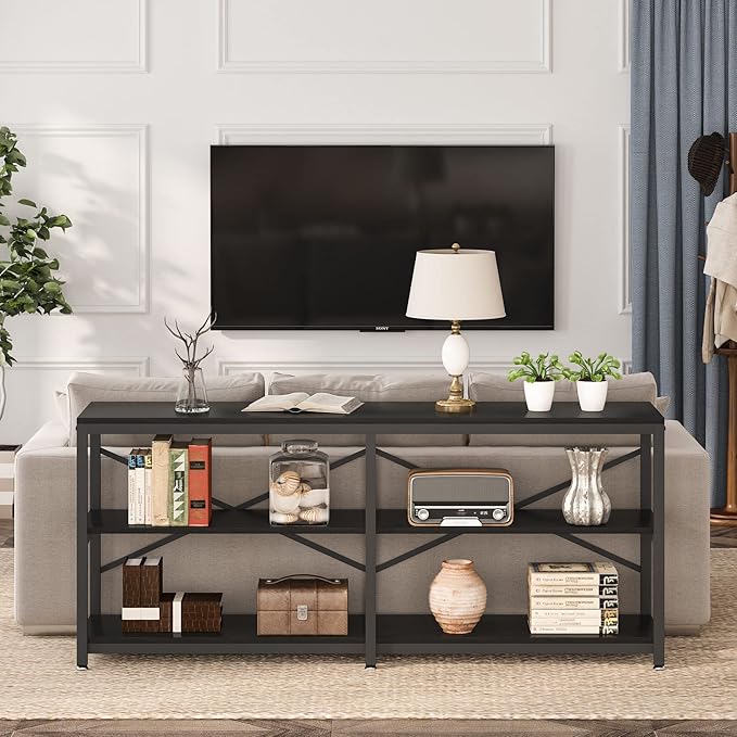 LITTLE TREE 70.9 Inch Long Console Sofa Table 3-Tier Industrial Sofa Table Behind Couch Table Hallway Entryway Table for Living Room, Black