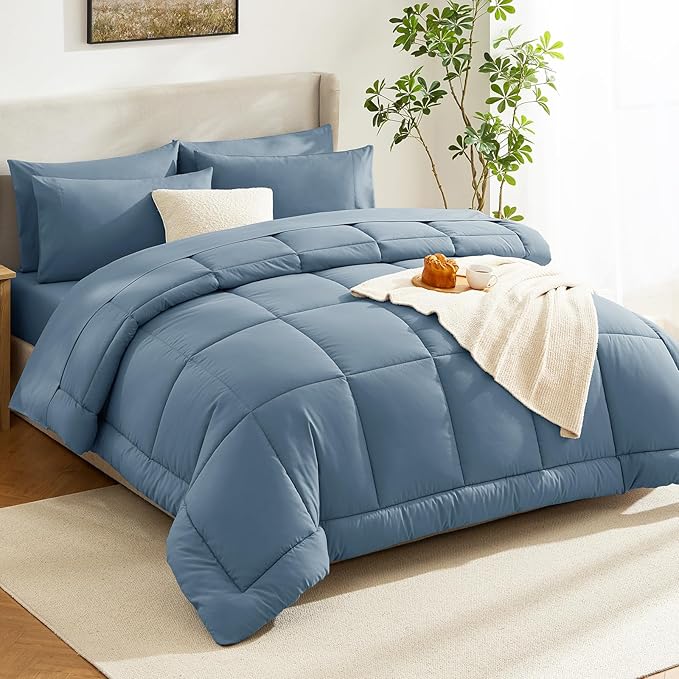 CozyLux Queen Comforter Set Mineral Blue, 7 Pieces Bed in a Bag, Blue Comforter Queen Size, All Season Bedding Sets with Stitch Quilted Comforter, Flat Sheet, Fitted Sheet, Pillowcases