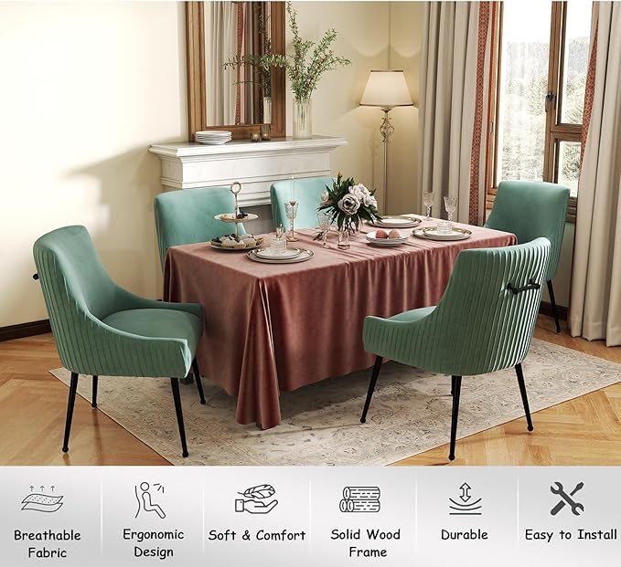 Velvet Dining Chairs Set of 8,Green Upholstered Living Room Chairs with Black Metal Legs, Modern Tufted Accent Chairs for Living Room, Study Room, Kitchen