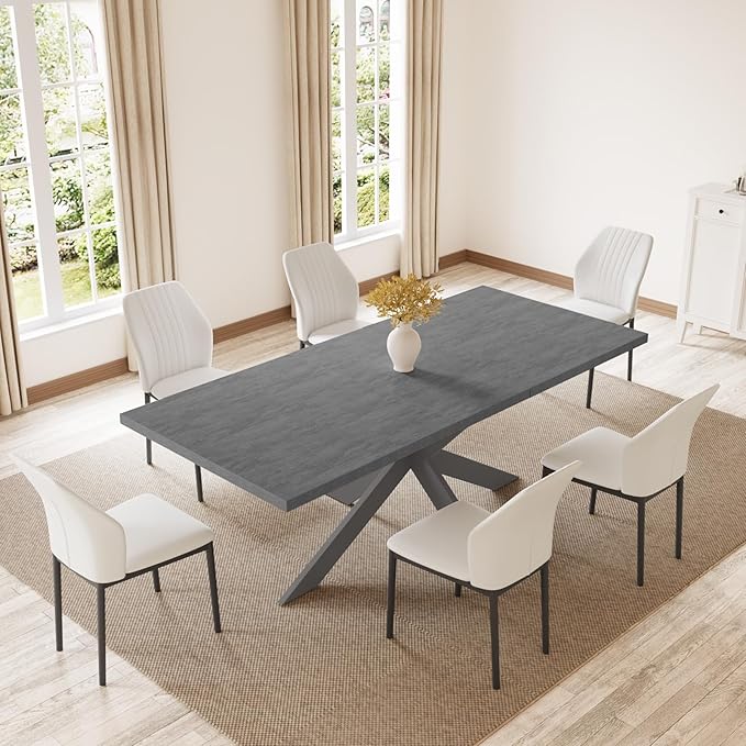 ZckyCine 6-8 People Modern Rectangular Kitchen Dining Table Extendable Dining Table Set for 6, 63–79 inch, Space-Saving Gray Table with 6 White PU Leather Cushioned Chairs, Metal Frame, Easy Assembly