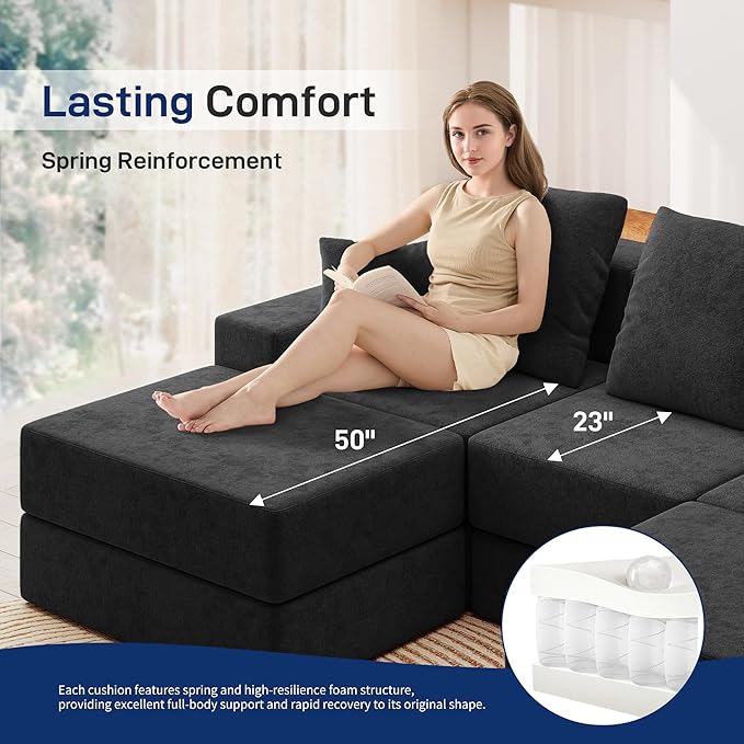 Living&Giving 128" U-Shaped Cloud Sectional Couch for Living Room, Cloud Boneless Couch-No Assembly with Reversible Chaise, Customizable 4-Seat Modular Sectional Sofa with 3 Ottoman, Black