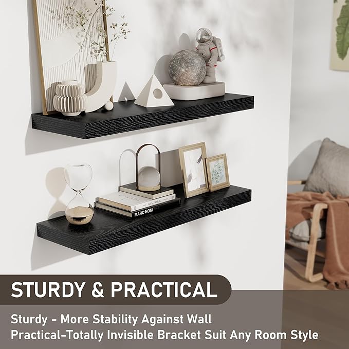 Fun Memories Floating Shelves - 2 Pack 30 Inch Long Rustic Wooden Wall Shelves - 8 Inch Deep Wall Mounted Storage Shelf with Invisible Heavy-Duty Brackets for Books, Bathroom, Kitchen - Black