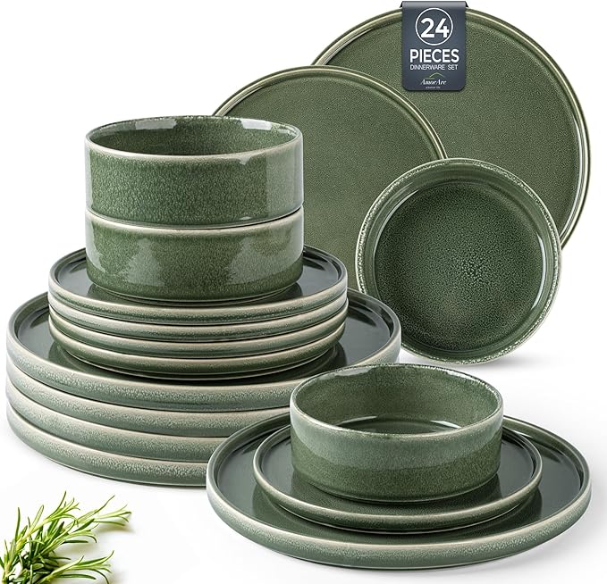 AmorArc Ceramic Dinnerware Sets, Handmade Reactive Glaze Stoneware Plates and Bowls Sets,Highly Chip and Crack Resistant | Dishwasher & Microwave Safe Dishes Set, Service for 8 (24pc)