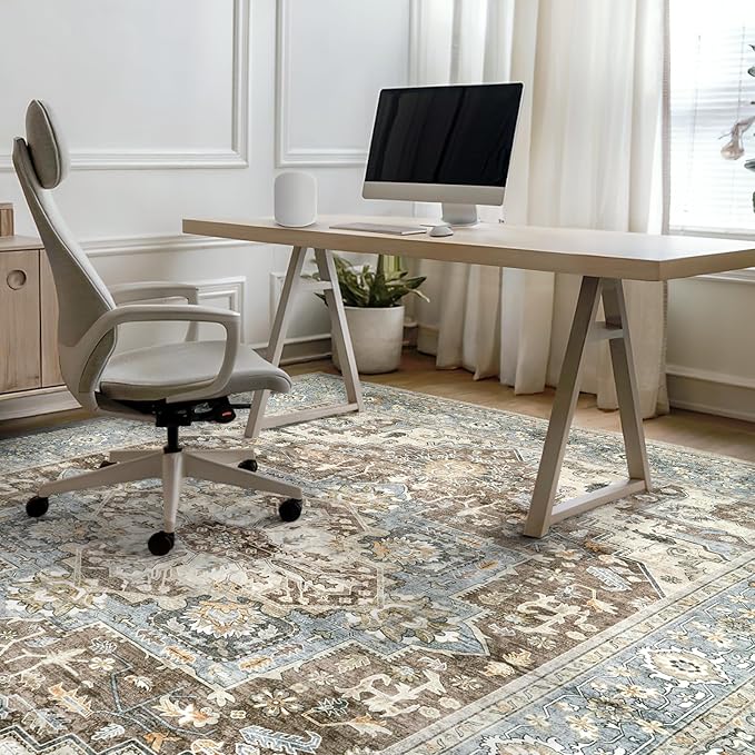 Area Rugs for Living Room 6x9 - Machine Washable Vintage Oriental Soft Rug, Low Pile Thin Floor Carpet with Non Slip Backing for Bedroom, Dorm, Under Dining Room Table, Indoor House, Office Decor
