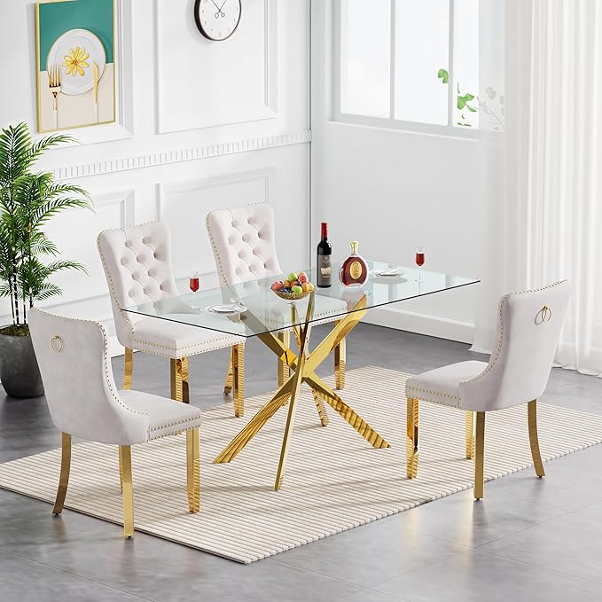 Goujxcy Glass Dining Table Set for 4, Modern Kitchen Table and Chairs Set of 4, 5-Piece Kitchen Dining Room Table Set w/51 Glass Gold Dining Table and 4 Beige Velvet Upholstered Chairs