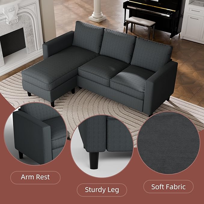 JAMFLY Sectional Sofa Couch Convertible L Shaped Sofas with Ottoman Small Sectional Couches for Living Room, 3 Seater Couch for Small Spaces, Dark Grey