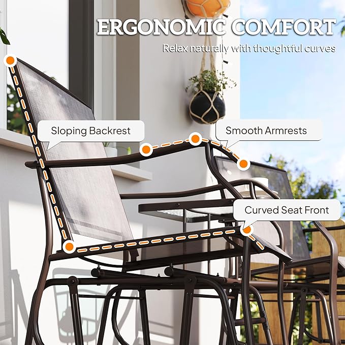 Outsunny Outdoor Glider Chairs with Coffee Table, Patio 2-Seat Rocking Chair Swing Loveseat with Breathable Sling for Backyard, Garden, and Porch, Gray