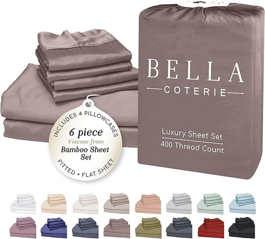 Bella Coterie 6 Piece Luxury Bamboo Viscose Queen Size Sheet Set | 100% Organically Grown | Cooling for Hot Sleepers | 18" Deep Pocket | Soft & Hypoallergenic | 4 Pillowcases [Mocha]