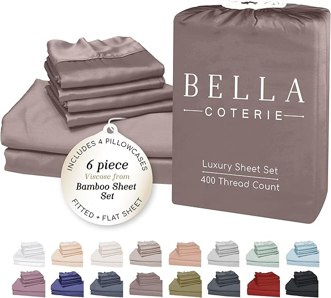 Bella Coterie 6 Piece Luxury Bamboo Viscose Split Top King Size Sheet Set | 34" Split for Adjustable Beds | 100% Organically Grown| Cooling | 18” Deep Pocket | 4 Pillowcases [Mocha]