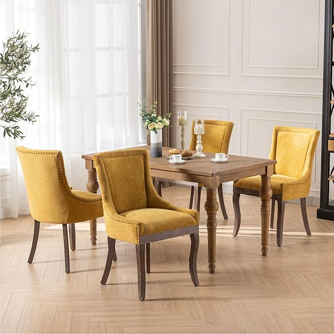 Farmhouse Dining Chairs Set of 2, Upholstered Fabric Dining Room Accent Chairs with Wood Legs & Bronze Nailhead, High Wingback Kitchen Chairs for Living Room Hotel Apartment, Golden Yellow