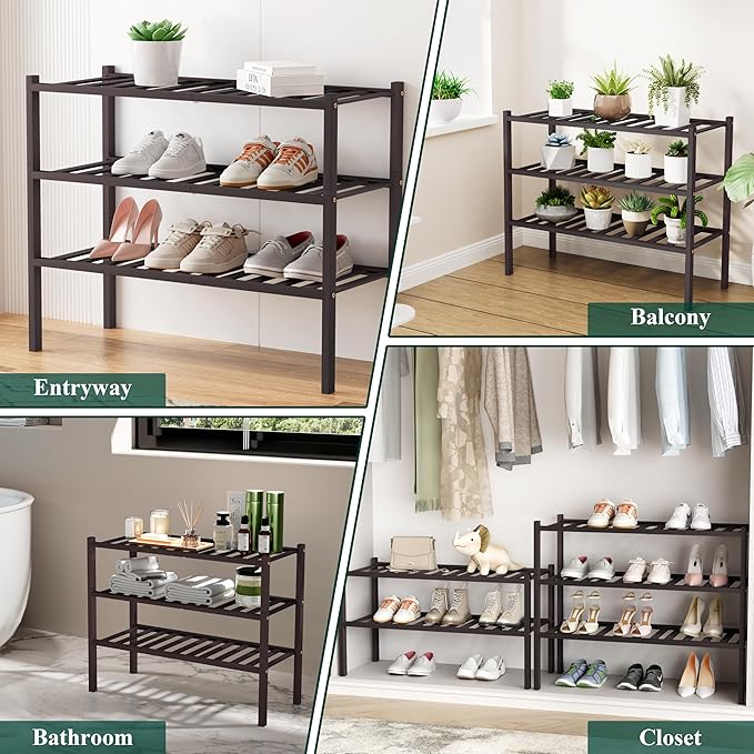 Smiry Shoe Rack, 3 Tier Long Bamboo Shoe Organizer, Stackable Free Standing Wooden Shoe Storage Shelf for Closet, Entryway, Front Door Entrance, Brown