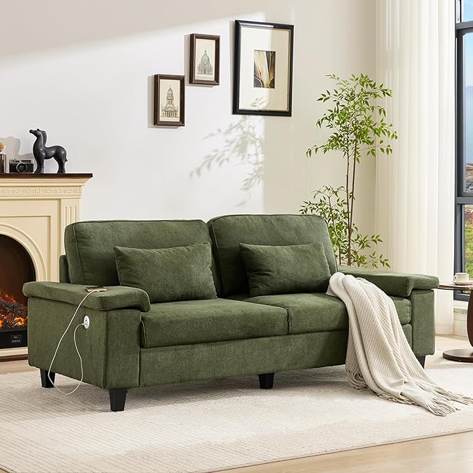 3 Seater Couch for Living Room, 79'' Comfy Deep Seat Sofa with Adjustable Armrests & USB/Type-C Charging Ports, Mid Century Modern Couch for Bedroom, Home Office, Green
