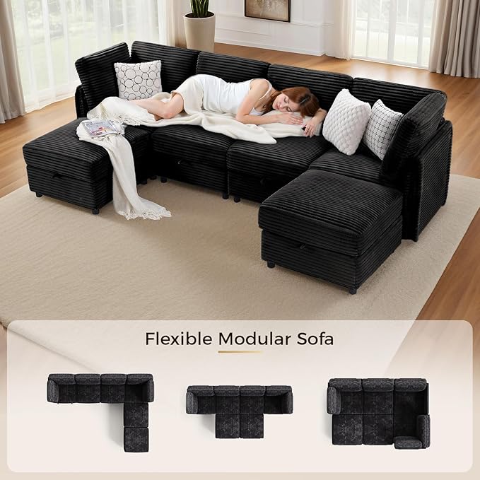 KKL Modular Sectional Sofa U-Shaped 6 Seater Couch with Storage Ottoman, Convertible L-Shaped Plush Wide-Wale Corduroy Couch for Living Room, Apartment, Modern Design, Black