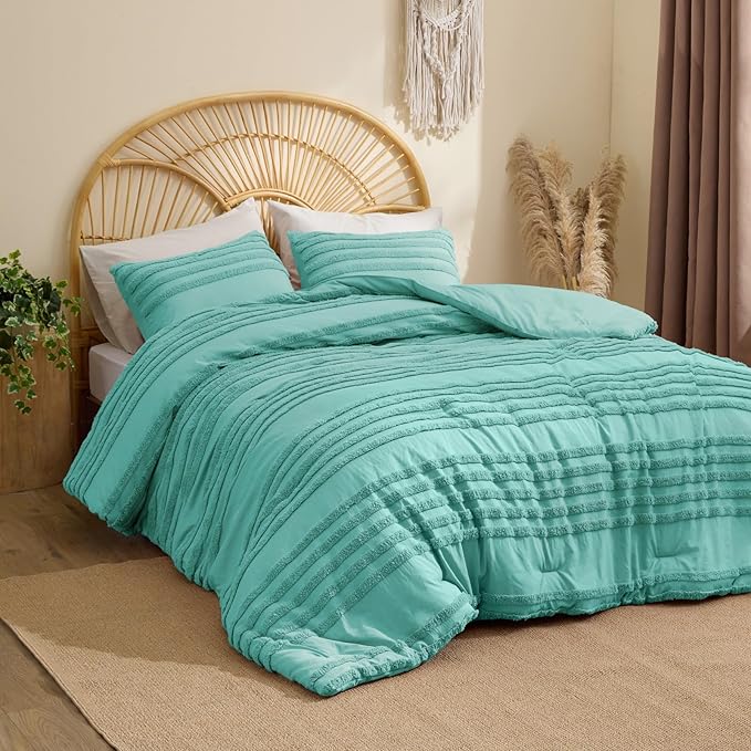 BEDELITE Boho Comforter Set Queen Size, Aqua Tufted Striped Bed Set 3 Pieces, Soft Vintage Farmhouse Comforter for All Seasons, Boho Home Decor,Fluffy Jacquard Bedding with 2 Pillow Shams