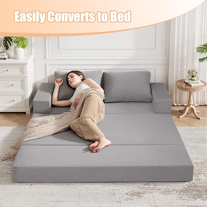COMAX Convertible Sofa Bed Queen, Corduroy Folding Floor Couch Pull Out Couch Bed Futon Sleeper with Pillows, Fold Out Boneless Sofa Comfy Lounge Mattress Loveseat for Living Room Bedroom, Light Grey