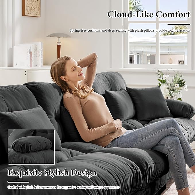 133.8" Oversized Couch, 3 Seater Modular Sectional Sofa, Grey Large L Shaped Fluffy Couch Set, Chenille Cloud Sofas with Ottoman for Living Room