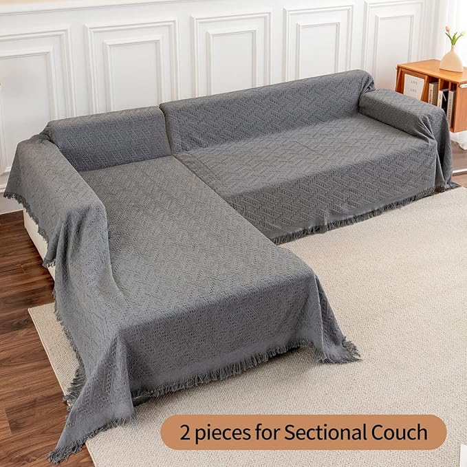 Deep Dream Sectional Couch Cover - Geometrical Jacquard Fabric Sofa Cover for 3 Cushion Couch, Dogs - Medium, 71" x 91", Dark Grey