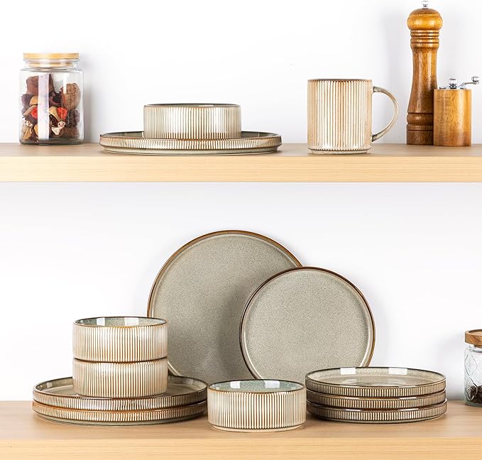 GBHOME Stoneware Dinnerware Sets for 4,Round Reactive Glaze Ceramic Plates and Bowls Set,Highly Scratch Resistant | Dishwasher & Microwave Safe Dishes Set,Service for 4(12Pcs),Green Wheat