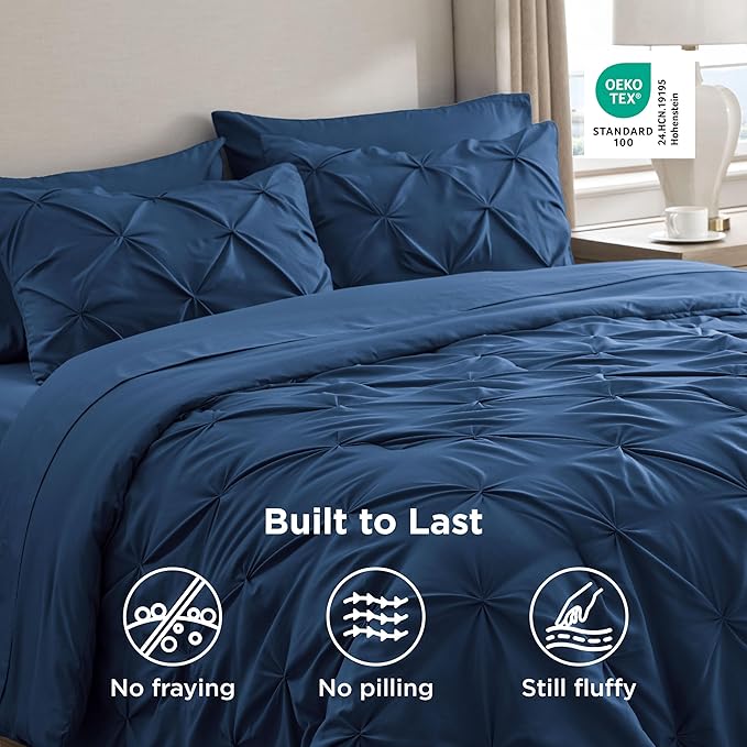 Bedsure Queen Comforter Set Navy - Bed in a Bag Queen Size Bedding 7 Pieces, GentleSoft™ Pintuck Bed Set Gift for Family, Pinch Pleat All Season Comforter with Sheets, Pillowcases & Shams