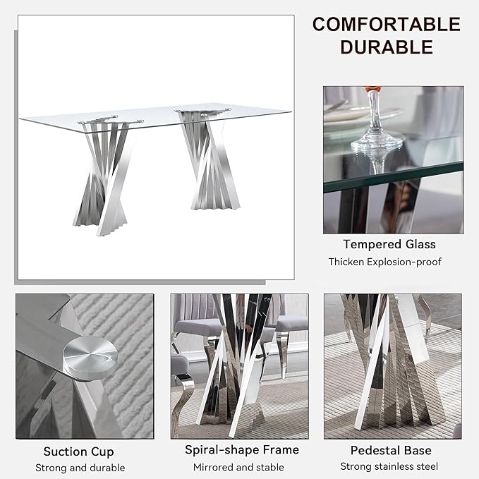 Goujxcy 70" Glass Dining Table Set for 4, Modern Silver Dining Table Set with 4 Blue Velvet Upholstered Dining Chairs, 5 Piece Kitchen Dining Room Table Set with Stainless Steel Legs