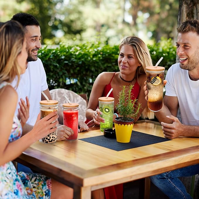 32oz Ribbed Glassware Large Cup, Glass Cups With Lids And Straws,Iced Coffee Cups With Lids,Glasses Drinking Set,Cute Cups,Boba Cup,With Straw Brush,Ideal Gift-2PCS