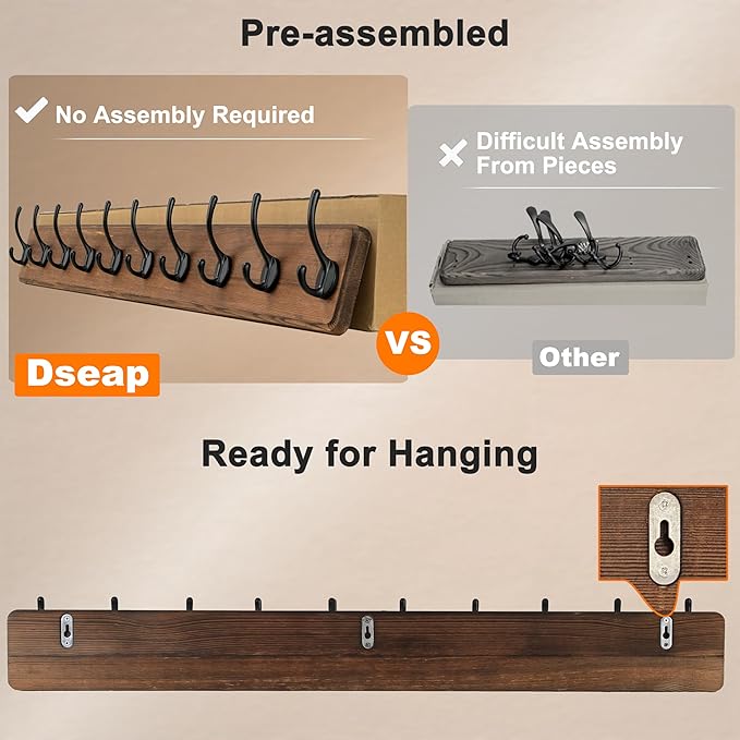 Dseap Coat Rack Wall: 38-1/4" Long, Patented, Heavy-Duty, 10-Double-Hooks Wooden Wall Mounted Coat Rack Coat Hanger Hook Rail for Winter Coats Hat Jacket Clothing, Weathered Blue, Pack of 2