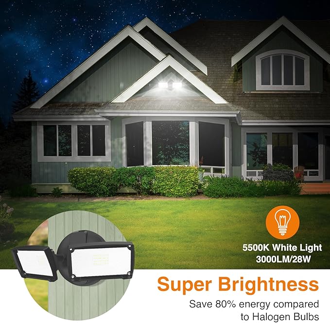 LEPOWER 3000LM Flood Light Outdoor, Switch Controlled LED Security Light, 28W Exterior Lights with 2 Adjustable Heads, IP65 Waterproof, 5500K Wall Mount Exterior LED Flood Light for Garage, Yard Black