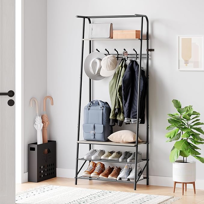 MDF Hall Tree with Bench, 4-in-1 Entryway Coat Rack with Storage Shelf & Shoe Organizer, Sturdy Freestanding Furniture for Living Room, Bedroom, Mudroom