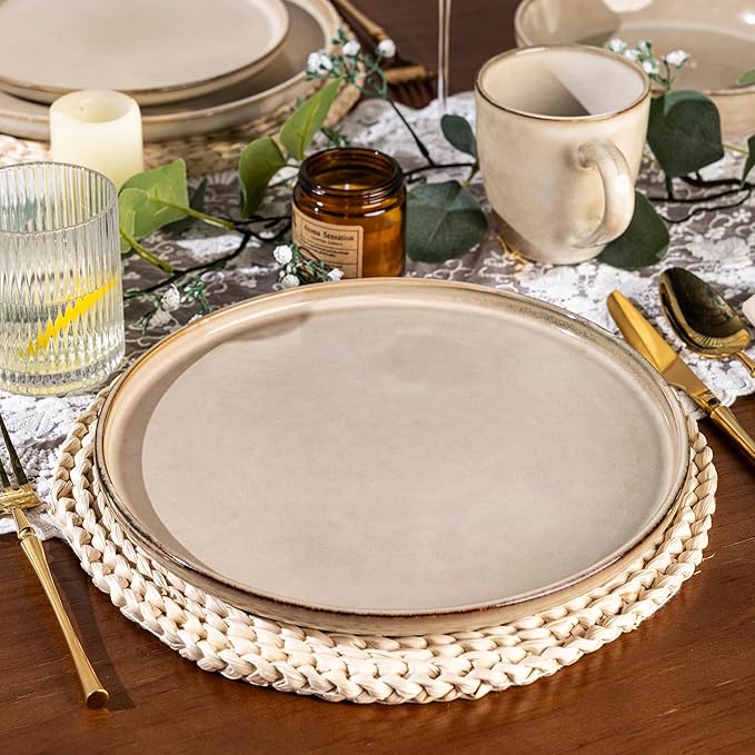 GBHOME 16 Pieces Double Bowls Ceramic Dinnerware Sets for 4, Stoneware Plates and Bowls Set with Reactive Glaze, Scratch Resistant Stoneware Dishes Set, Dishwasher & Microwave Safe