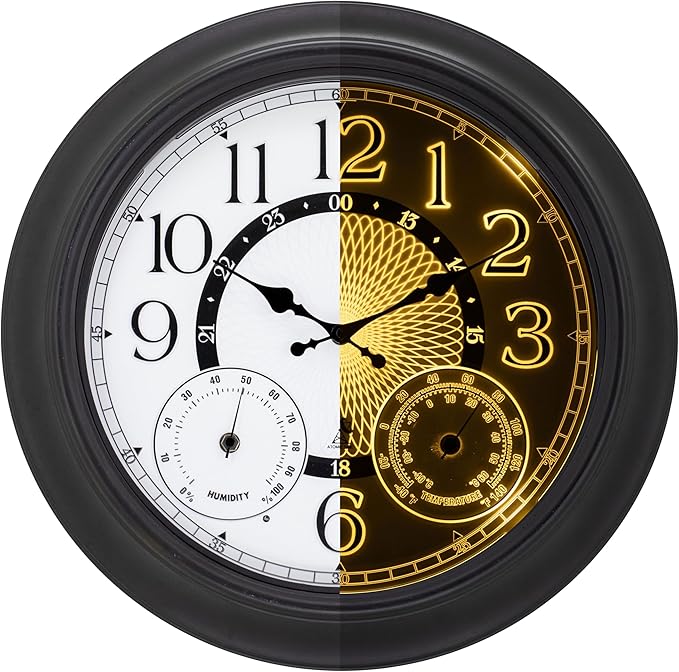 18 Inch Illuminated Retro Indoor Outdoor Wall Clocks with Thermometer and Hygrometer Waterproof Metal Large Clocks with Auto Light Smart Sensor for House Warming Gifts New Home Living Room Decor