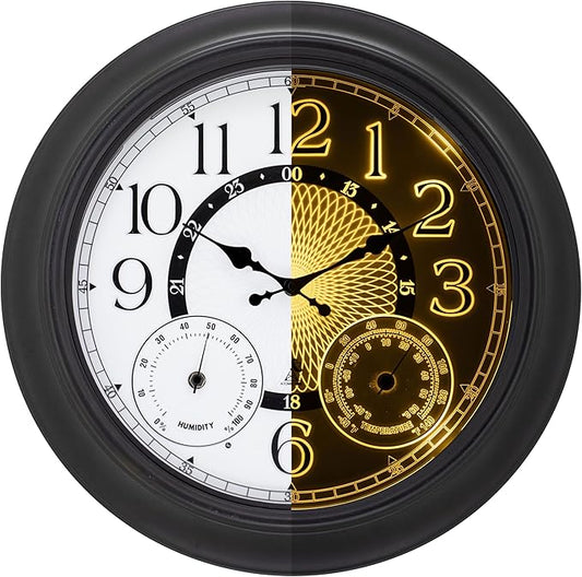 18 Inch Illuminated Retro Indoor Outdoor Wall Clocks with Thermometer and Hygrometer Waterproof Metal Large Clocks with Auto Light Smart Sensor for House Warming Gifts New Home Living Room Decor