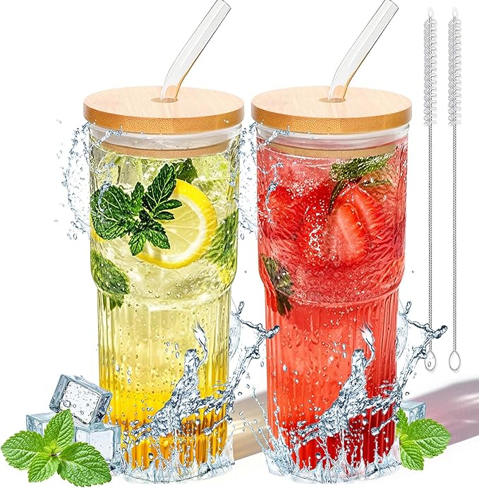 32oz Ribbed Glassware Large Cup, Glass Cups With Lids And Straws,Iced Coffee Cups With Lids,Glasses Drinking Set,Cute Cups,Boba Cup,With Straw Brush,Ideal Gift-2PCS