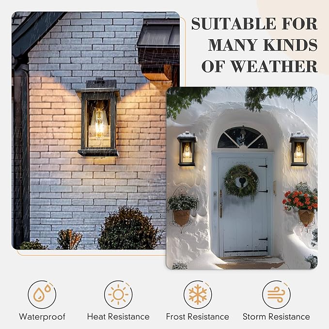 Emliviar 2 Pack Dusk to Dawn Outside Wall Mount Lighting, 11.8 inch Exterior Light Fixture with Clear Glass, Black Finish, 1803EW1-PC-2PK BK