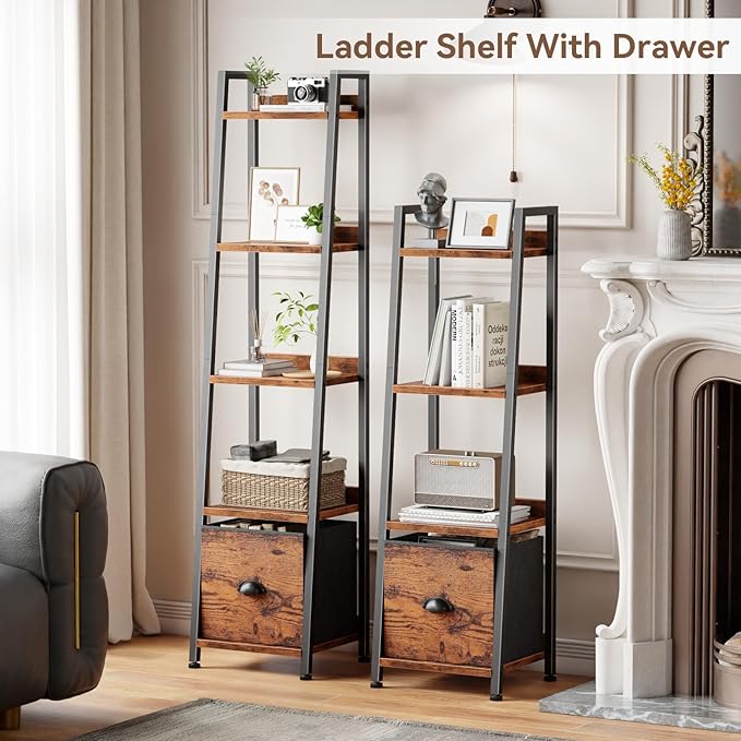 Furologee 5 Tier Narrow Ladder Shelf, Ladder Bookshelf with Drawer, Industrial Shelves Storage Rack Organizer,Skinny Display Shelving Units for Living Room,Bedroom, Kitchen,Rustic Brown