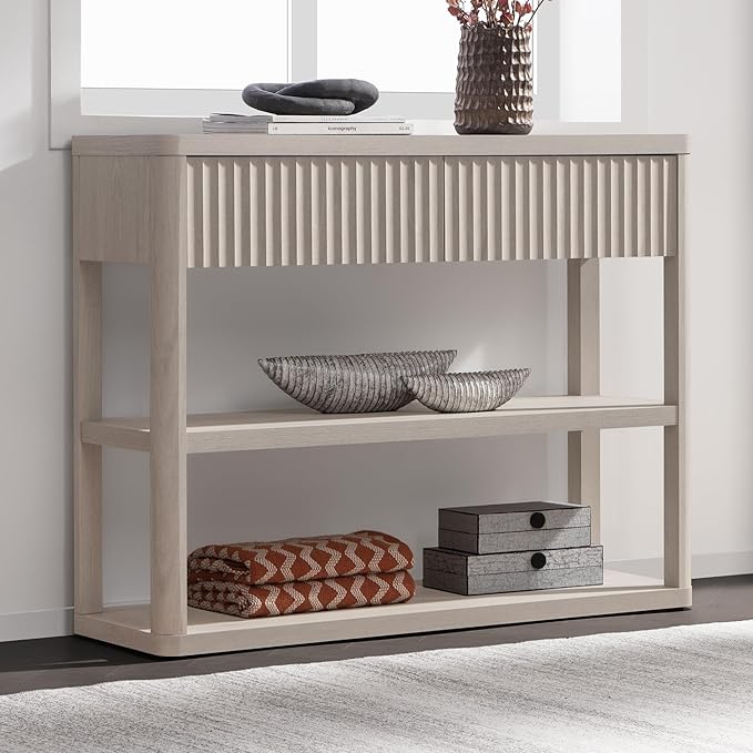 SICOTAS Fluted Entryway Table with Storage, 44.13" W Console Table with 2 Drawers & 2 Tier Storage Shelves, Modern Sofa Table Behind The Couch for Living Room, Entrance, Hallway, Foyer, White Alder