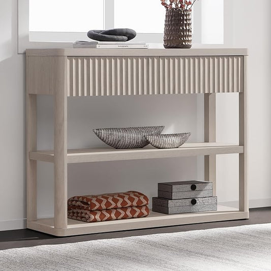 SICOTAS Fluted Entryway Table with Storage, 44.13" W Console Table with 2 Drawers & 2 Tier Storage Shelves, Modern Sofa Table Behind The Couch for Living Room, Entrance, Hallway, Foyer, White Alder