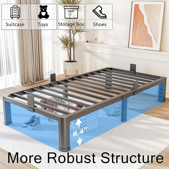 FUIOBYVV 10 Inch Twin XL Bed Frame with Rounded Corner and Headboard Hole Mattress Retainers 3500 LBS Metal Heavy Duty Steel Slats Support No Box Spring Needed Platform Noise Free Easy Assembly
