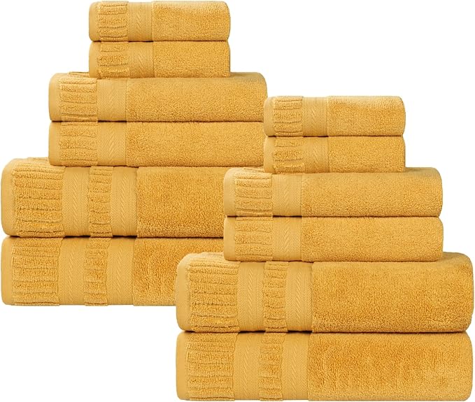 Superior Venice Zero Twist Cotton Medium Weight Towels, for Guest Bath, Bathroom, Shower, Spa, Plush Towels, Bath Essentials, Ribbed Textured Border, 12 Piece Assorted Towel Set, Gold