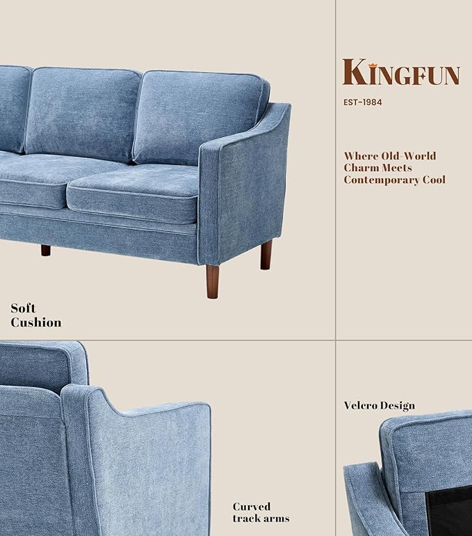 Kingfun Living Room Furniture Sets, Armchair and 2 Loveseat, Mid Century Modern Sofa Set, Chenille Couch with Solid Wood Frame for Living Room & Bedroom, Light Blue