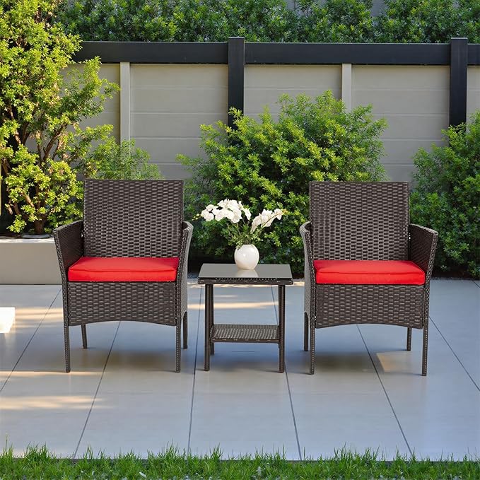 FDW | 3-Piece Patio Furniture Set | Brown & Red | Outdoor Wicker Furniture with Coffee Table | Modern Rattan Chairs Conversation Set | Outdoor Seating | Weather-Resistant | for Porch, Garden, Lawn