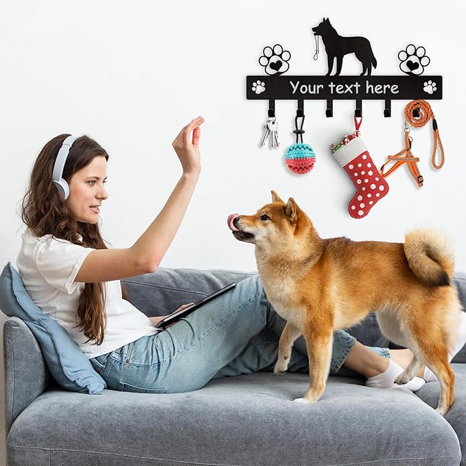 Custom Metal Key Rack Wall Mount with Name, Key Hooks and Dog Leash Holder for Entryway Doorway