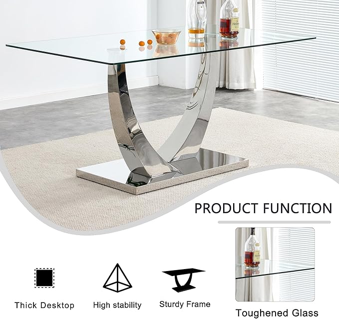 Modern Dining Table and Chairs for 6 - 63'' Glass Table with Silver U-Shaped Legs