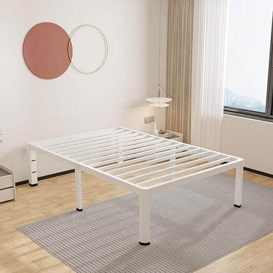 ROIL 14 Inch White Twin Size Bed Frame with Rounded Corner and Headboard Hole Mattress Retainers 3500LBS Heavy Duty Steel Slats No Box Spring Needed Platform Noise-Free Easy Assembly