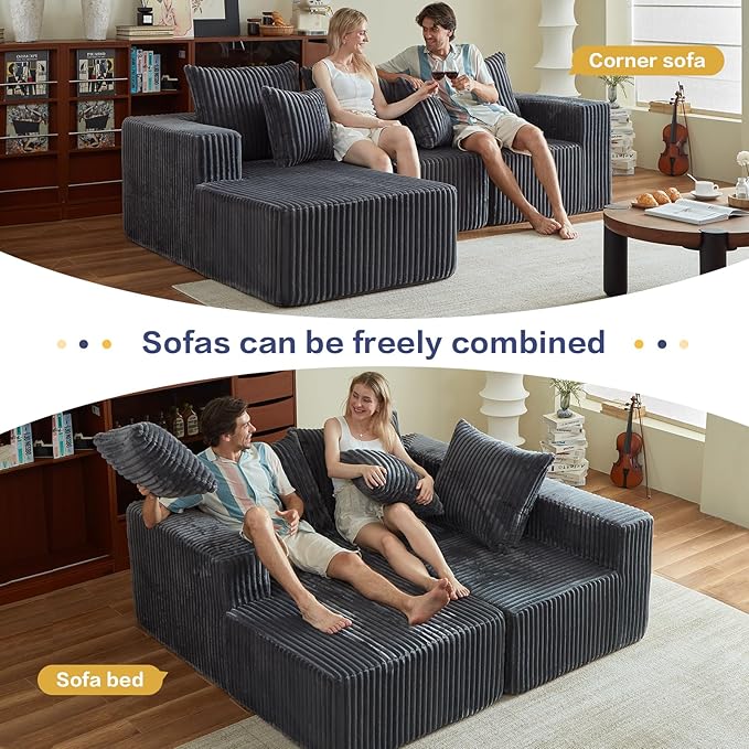 Boneless Couches for Living Room, 100.7" Cloud Sectional Couch with Oversized Chaise, L Shape Modular Couch Deep Seat, Corduroy Comfy Sofa for Bedroom, Compressed Sofa in a Box, Grey