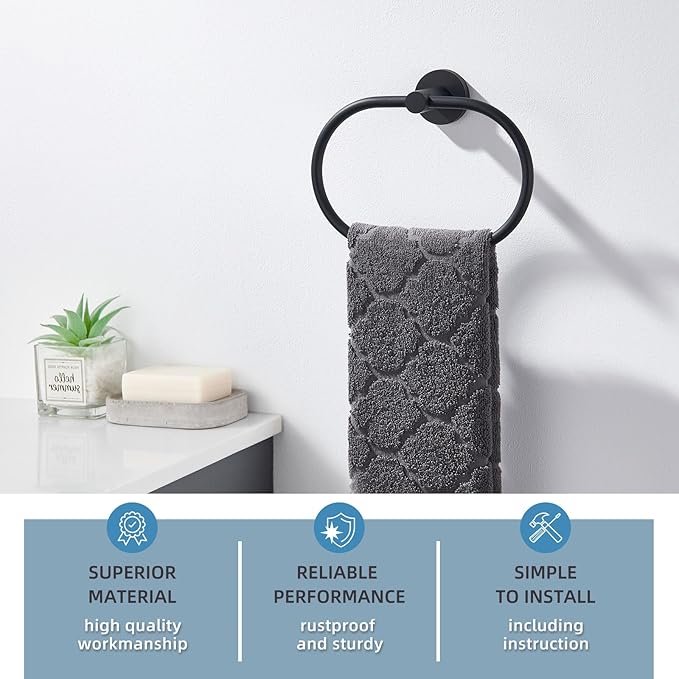 Angle Simple Bathroom Hand Towel Holder, SUS 304 Stainless Steel Swivel Hand Towel Ring Rack for Wall, Matte Black