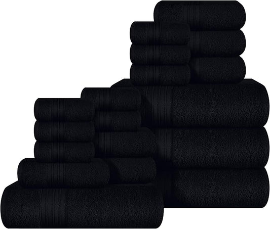 BOUTIQUO 100% Cotton Towel Set, Contains 4 Soft Bath Towel, 6 Hand Towels, 8 Wash Cloths - Compact Absorbent Lightweight & Quickdry Towels for Bathroom - 18 Piece Bathroom Towel Set - Black