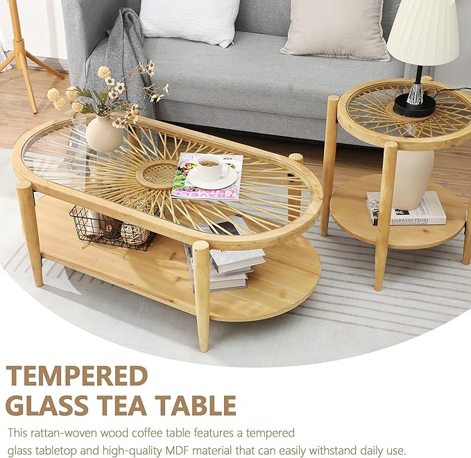RUSTOWN Rattan Coffee Tables,2-Tier Oval Boho Cocktail Tables, Mid Century Modern Coffee Table with Rattan & Tempered Glass Top and Wood Legs, Sofa Table for Living Room(Natural)