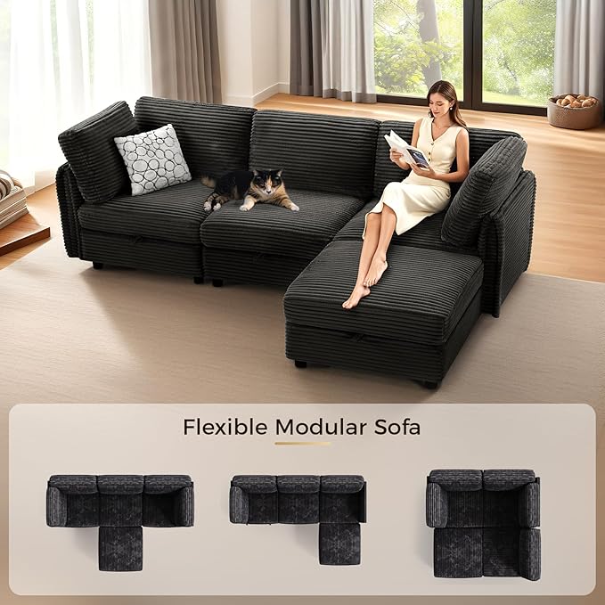 KKL Modular Sectional Sofa L-Shaped 4 Seater Couch with Storage Ottoman, Plush Wide-Wale Corduroy Couch for Living Room, Apartment, Modern Design, Black