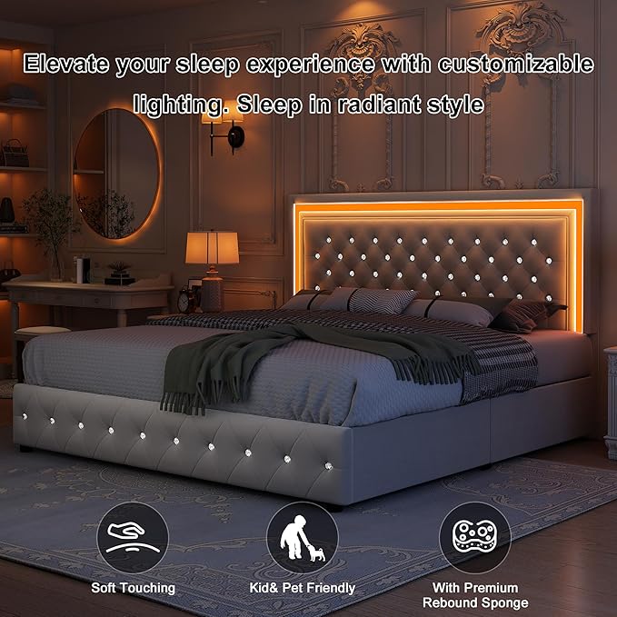 King Led Bed Frame with 4 Storage Drawers, Bed Frame with Led Lights No Box Spring Needed, 900 lbs Capacity, Easy Assembly, Velvet Cream